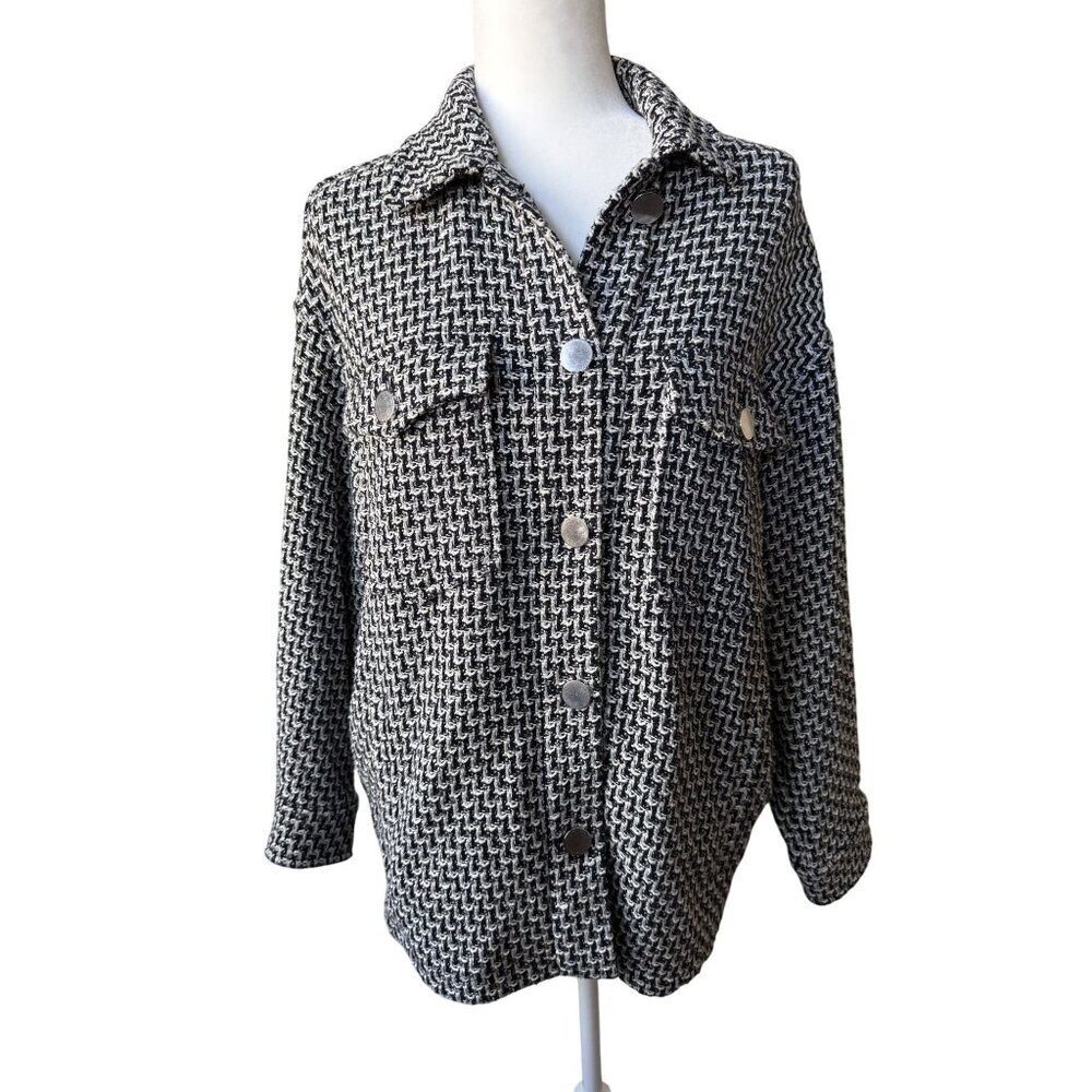 Zara Womens Oversized Herringbone Shacket Top Size‎ S Black White Tweed Italian